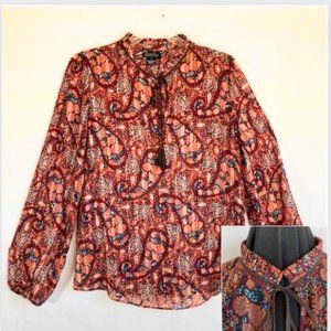 Lucky Brand Flowy Boho Blue & Rust Paisley Tassel Tie Pleated Collar Top Sz Med